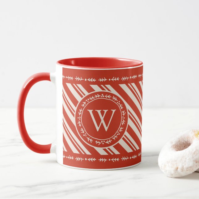 Monogram Candy Cane Stripe Mug (With Donut)