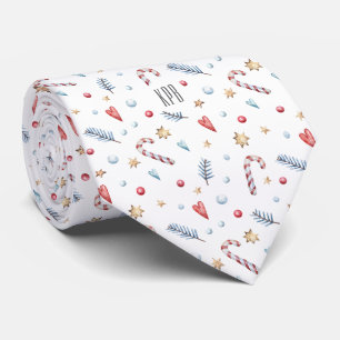 Monogram, Candy Canes Gold Stars Hearts White Tie