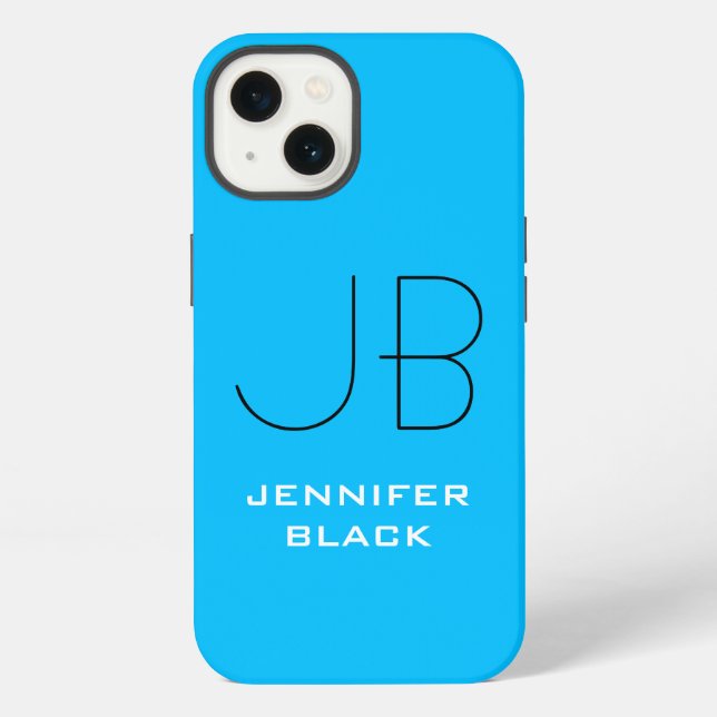 Monogram Capri Blue Minimalist Modern Name iPhone Case (Back)