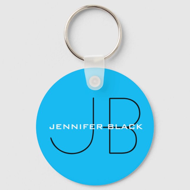 Monogram Capri Blue Minimalist Modern Name Keychain (Front)