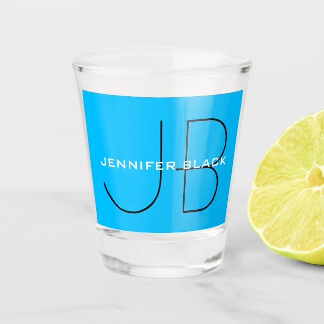 Monogram Capri Blue Minimalist Modern Name Shot Glass (Front)