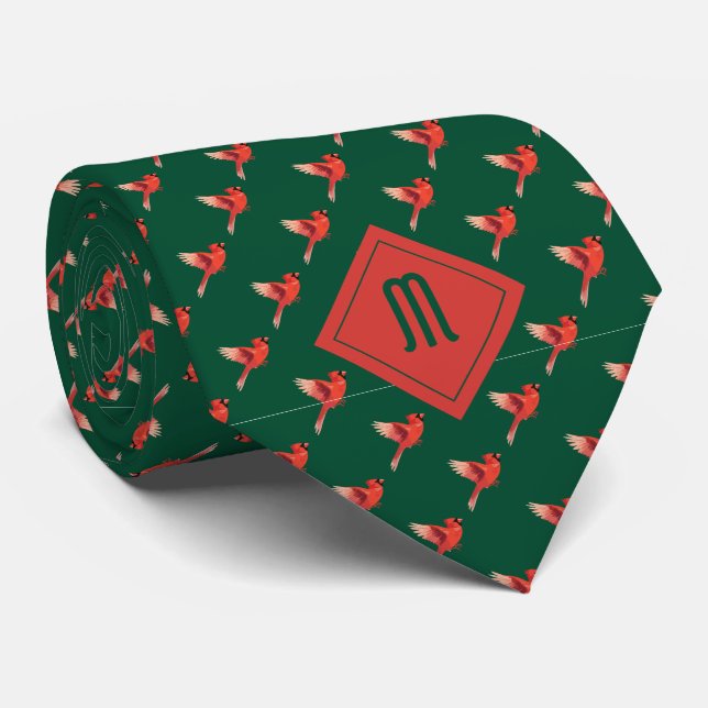 Monogram Cardinal Bird Pattern on Green Tie (Rolled)