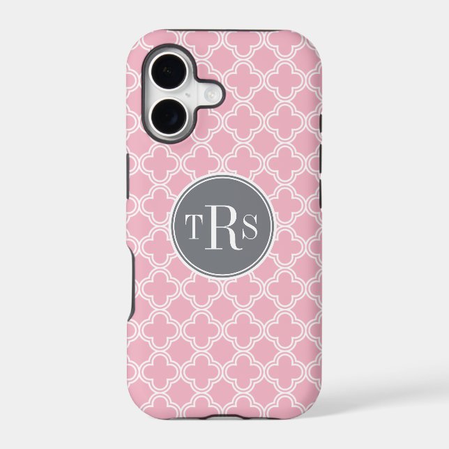 Monogram Carnation Pink Grey Quatrefoil Pattern (Back)