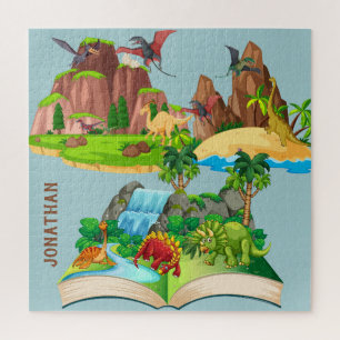Monogram Cartoon of Dinosaurs in the jungle blue Jigsaw Puzzle
