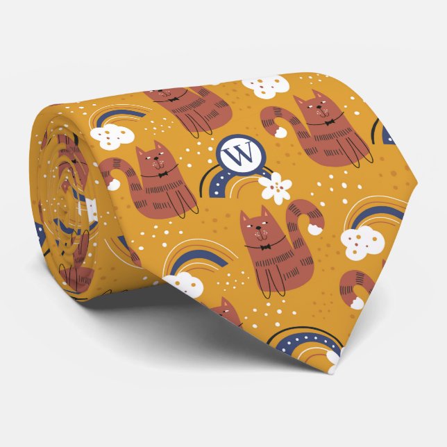 Monogram Cat Pattern  Tie (Rolled)