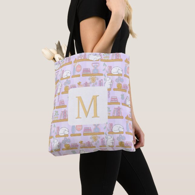 Monogram Cats Library Book Tote Bag Girly Purple (Close Up)