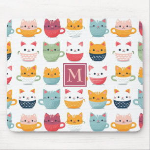 Monogram Cats Tea Cups Coffee Mugs Girly Pattern  Mouse Pad