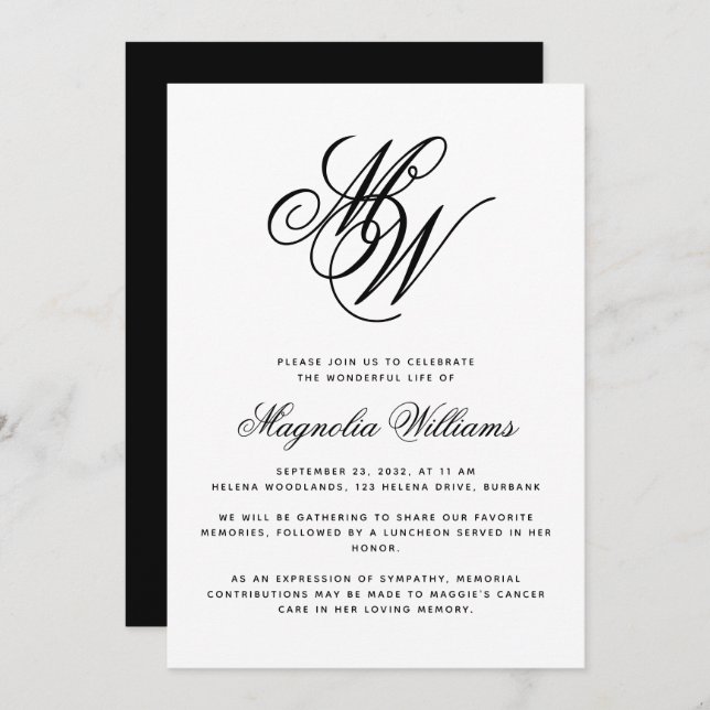 Monogram Celebration of Life Memorial Service Invitation (Front/Back)