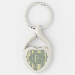 Monogram Celery and Sage Green Stripe Keychain