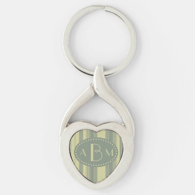 Monogram Celery and Sage Green Stripe Keychain (Front)