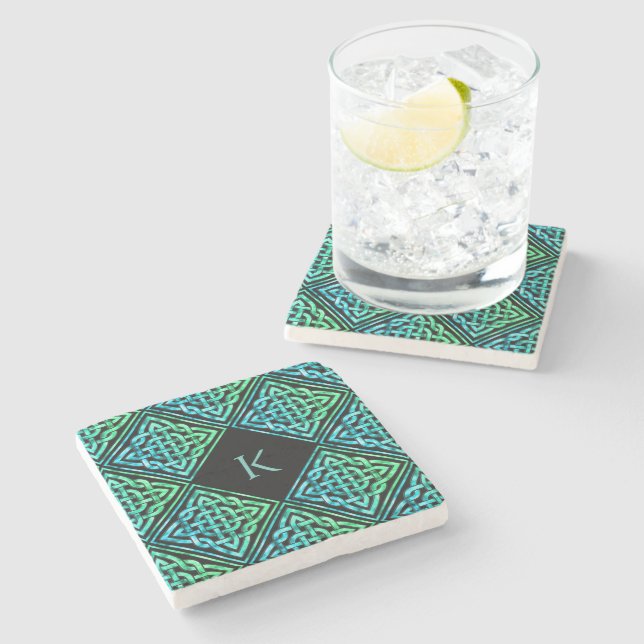 Monogram Celtic Blue Green Stone Coaster (Side)