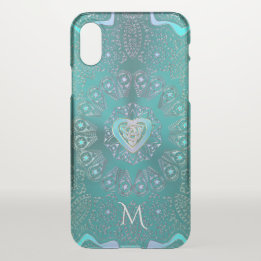 Monogram Celtic Heart Mandala in Aqua Blue Green iPhone X Case