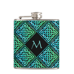 Monogram Celtic Knot Diamond Blue Green Hip Flask