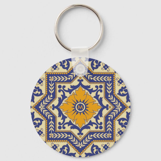 Monogram Ceramic Azulejo Style Blue Keychain (Front)