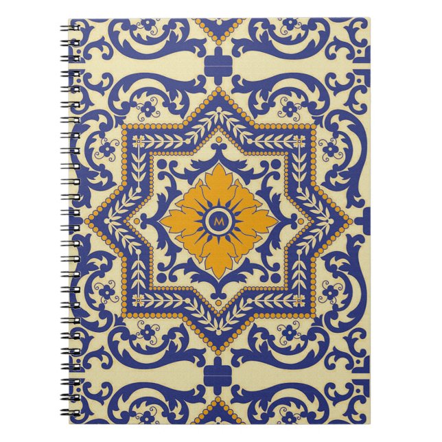 Monogram Ceramic Azulejo Style Blue Notebook (Front)