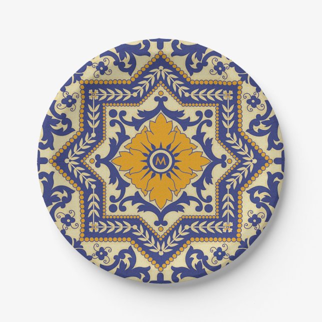 Monogram Ceramic Azulejo Style Blue Paper Plate (Front)