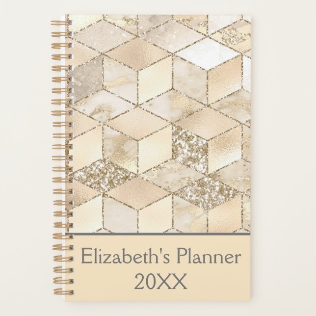 Monogram Champagne Glitter Cream Beige Geometric  Planner (Front)