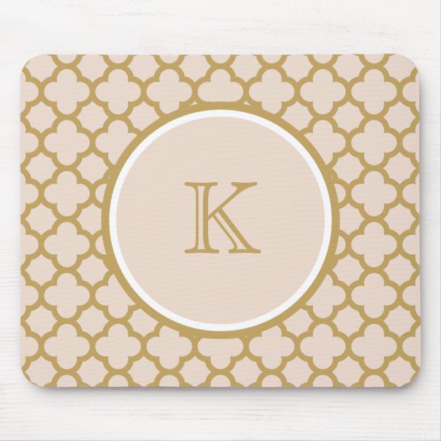 Monogram Champagne Pink and Gold Colour Quatrefoil Mouse Pad (Front)