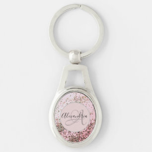 Monogram Champagne Pink Confetti Personalized Keychain