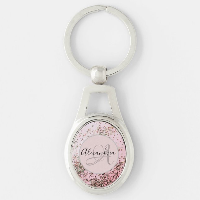 Monogram Champagne Pink Confetti Personalized Keychain (Front)