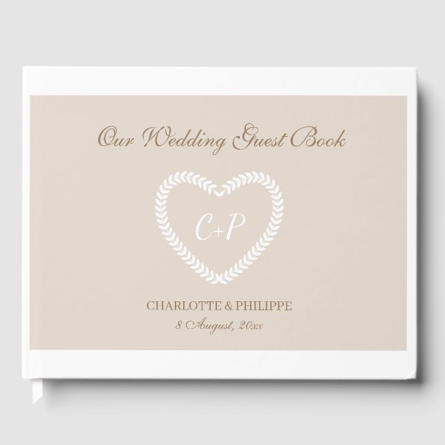 Monogram Champagne White Gold Heart Shaped Wedding Guest Book (Front)