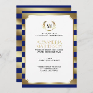 Monogram CHANGE COLOR & Gold Stripes Graduation Invitation