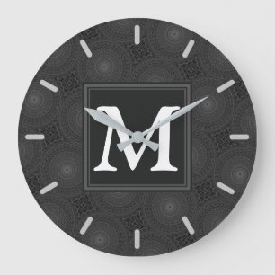 Monogram charcoal circles pattern large clock