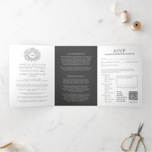 Monogram charcoal grey leaves wedding all-in-one Tri-Fold invitation