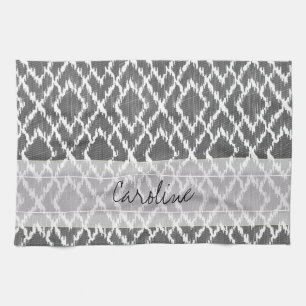 Monogram Charcoal Grey Tribal Ikat Diamond Pattern Kitchen Towel