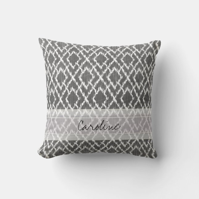 Monogram Charcoal Grey Tribal Ikat Diamond Pattern Throw Pillow (Front)