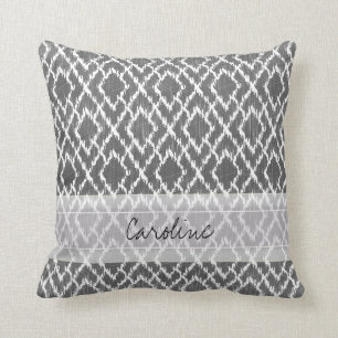 Monogram Charcoal Grey Tribal Ikat Diamond Pattern Throw Pillow