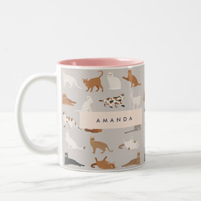 Monogram Charming Cat Pattern Cat Lovers Two-Tone Coffee Mug (Left)