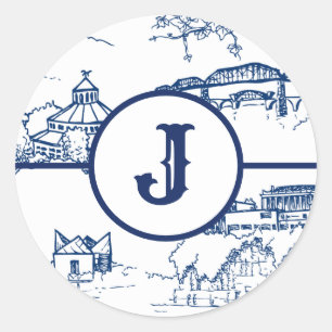 Monogram Chattanooga Toile Blue Classic Round Sticker