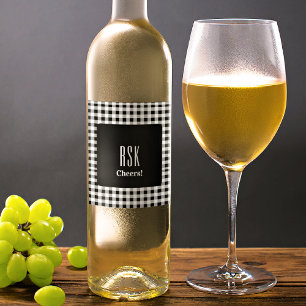 Monogram Cheers! Black & White Buffalo Check (6) Wine Label