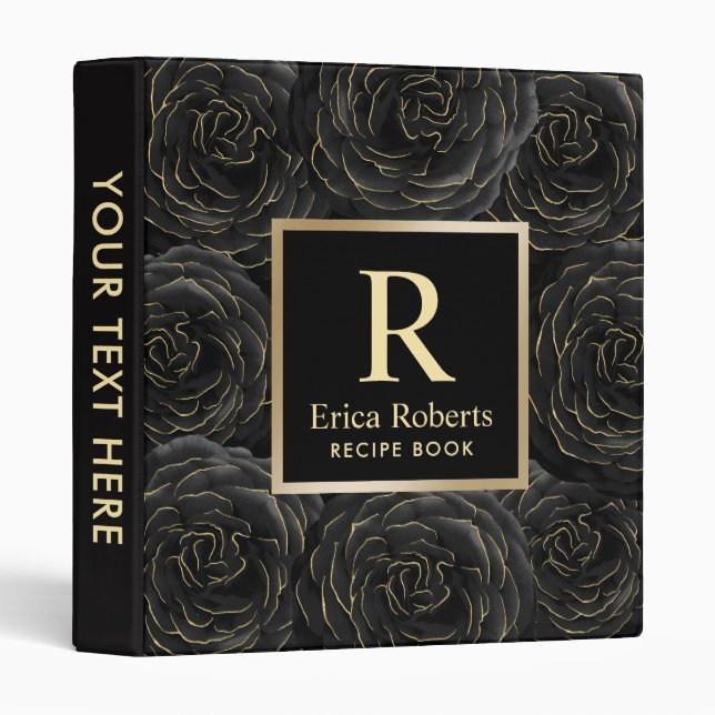 Monogram Chef Recipe Modern Black & Gold Floral Binder (Front/Spine)