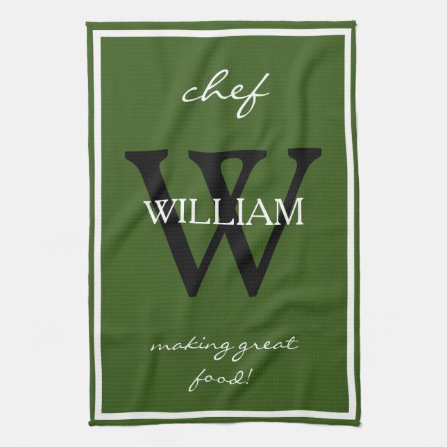 Monogram + Chef's NAME make great food Rustic Cool Kitchen Towel (Vertical)