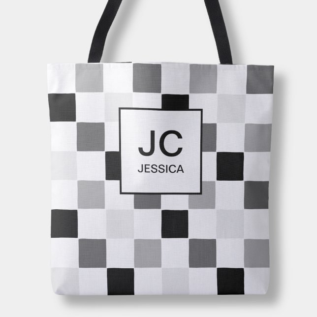 Monogram Chequered Black Grey Modern Simple Check Tote Bag (Monogram Checkered Black Gray Modern Simple Check Tote Bag)