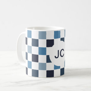 Monogram Chequered Blue White Modern Simple Coffee Mug
