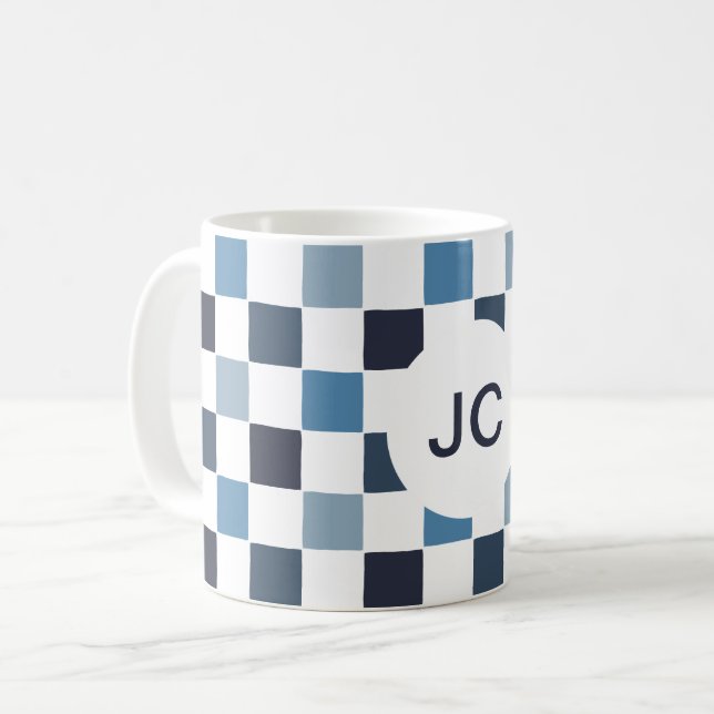 Monogram Chequered Blue White Modern Simple Coffee Mug (Front Left)