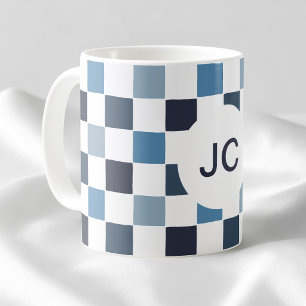 Monogram Chequered Blue White Modern Simple Coffee Mug