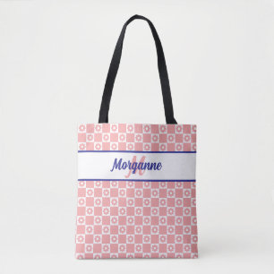 Monogram Chequered Blush Pink Flowers  Tote Bag