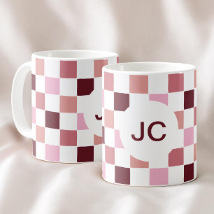 Monogram Chequered Pink Burgundy Modern Simple Coffee Mug