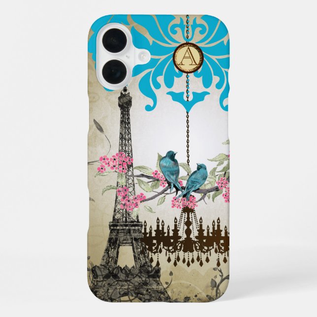 Monogram Cherry Blossom Bird Effiel Tower Paris iPhone Case (Back)