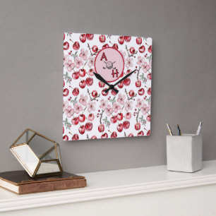 Monogram Cherry Blossom Golf-Themed Personalized Square Wall Clock