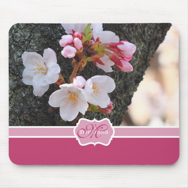 Monogram Cherry Blossom Sakura Blooming Tree Trunk Mouse Pad (Front)