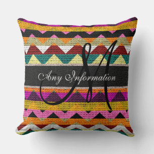 Monogram Chevron Burlap Rustic #7 Throw Pillow