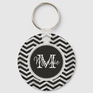 Monogram, Chevron, Pattern, Black, Silver Keychain