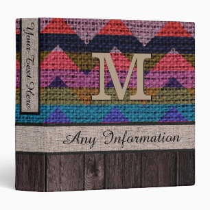 Monogram Chevron Zigzag Pattern Burlap Look Wood 2 Binder
