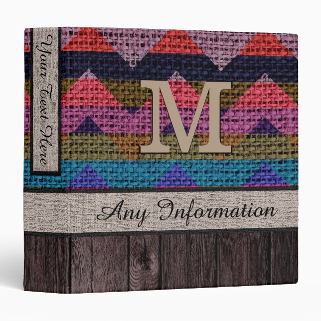 Monogram Chevron Zigzag Pattern Burlap Look Wood 2 Binder (Front/Spine)
