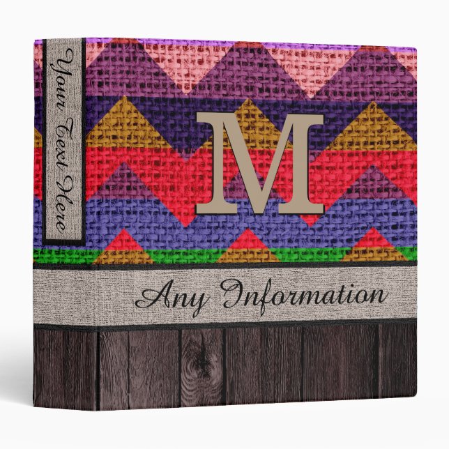 Monogram Chevron Zigzag Pattern Burlap Look Wood 7 Binder (Front/Spine)